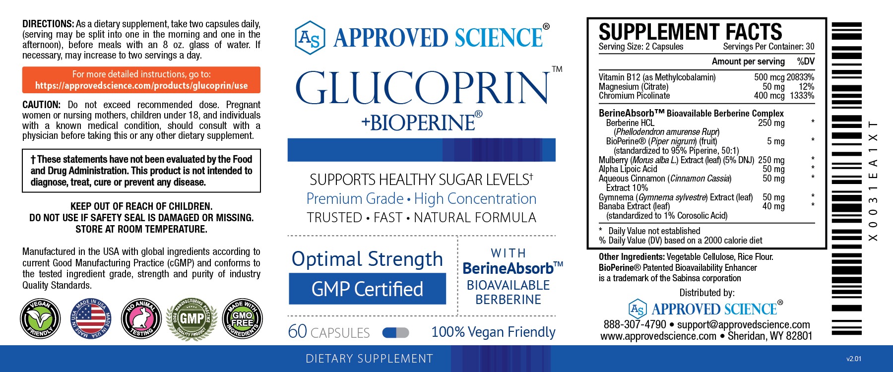 Approved Science Glucoprin label details, including supplement facts, dosage directions, and claims for advanced blood sugar support.