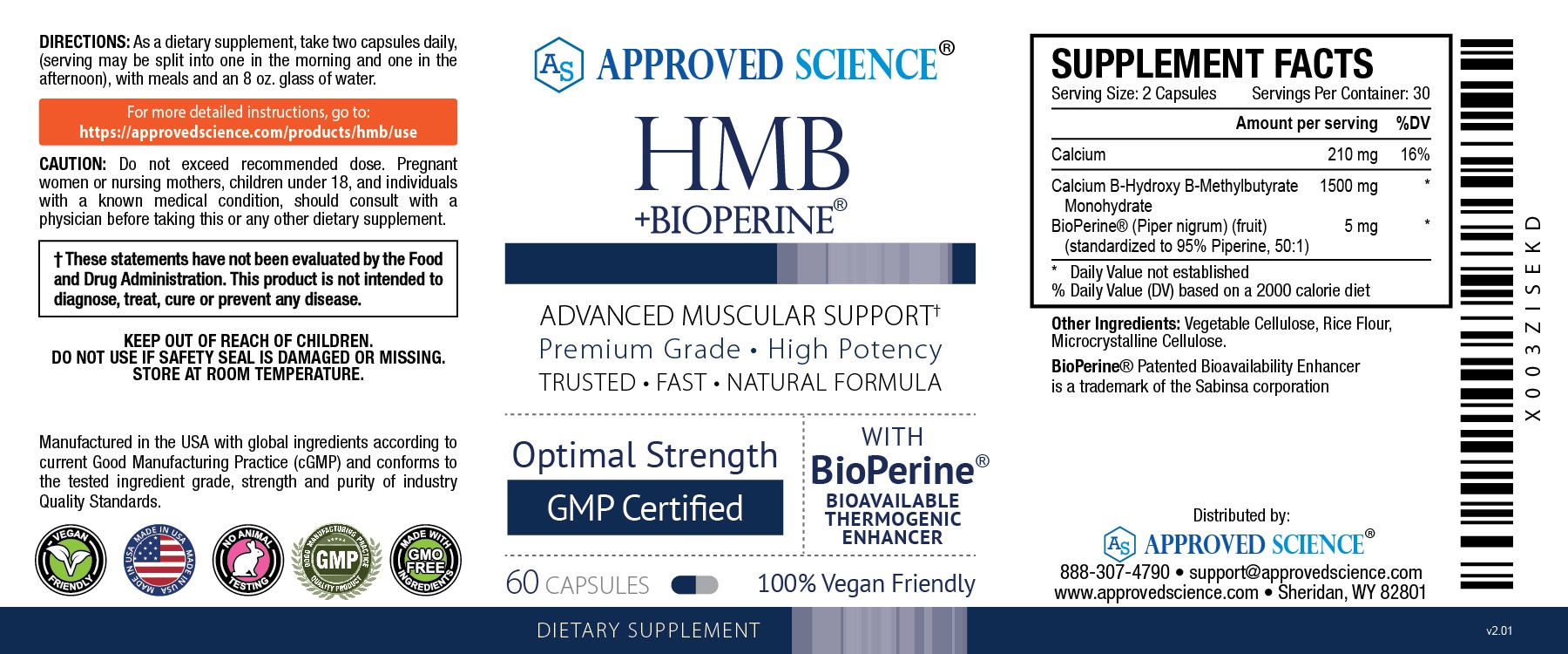 Approved Science HMB with BioPerine supplement label showing advanced muscular support, vegan, GMP certified, 60 capsules.