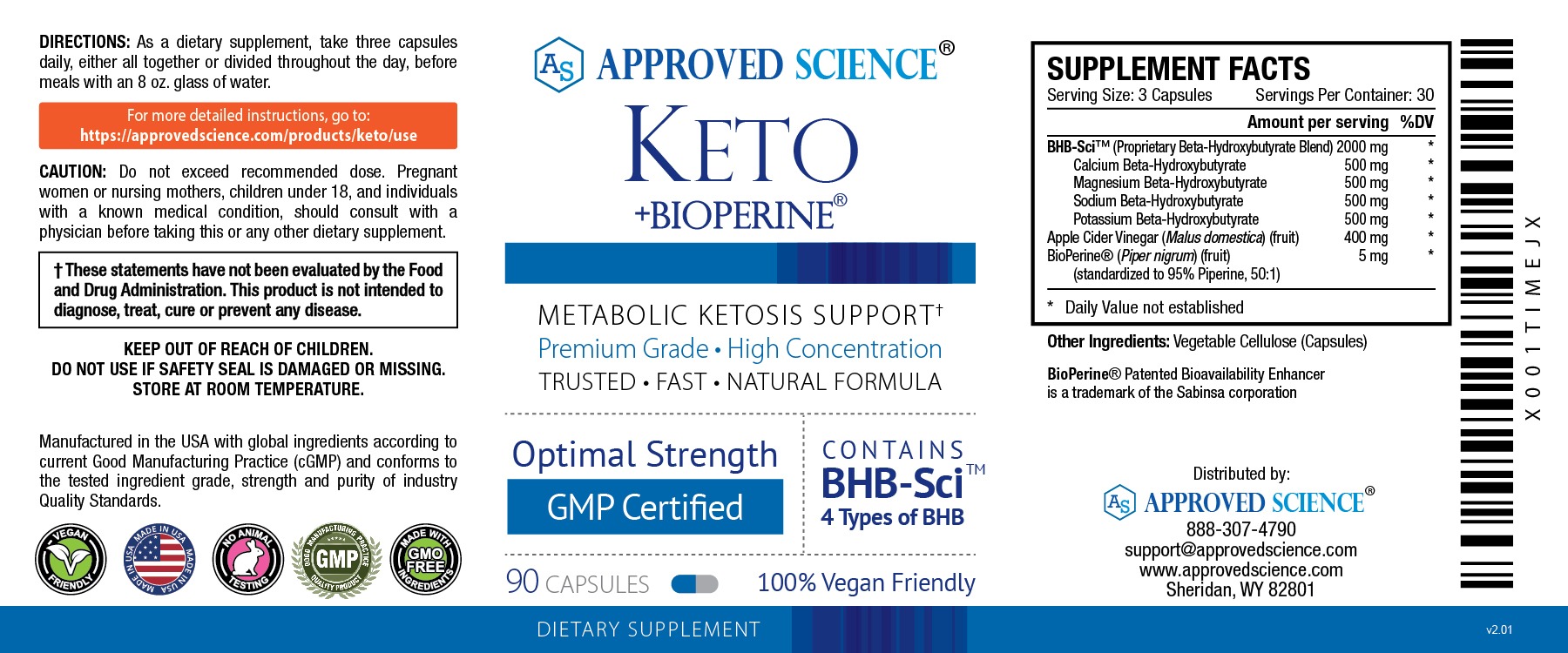 Approved Science Keto + BioPerine supplement label highlighting BHB ketone salts, directions, ingredients, and certifications.