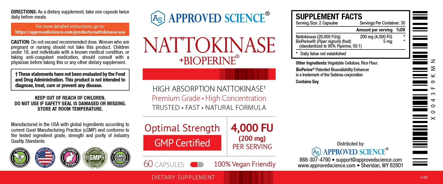 Approved Science Nattokinase dietary supplement label showing 4,000 FU per serving, vegan, non-GMO, for circulation and heart health.