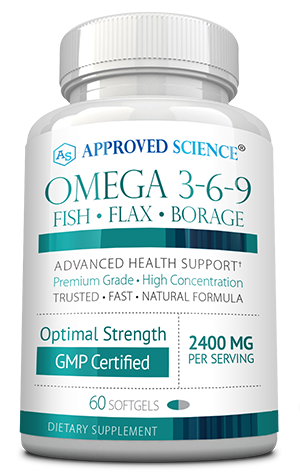 Approved Science Omega 3-6-9 bottle featuring fish, flax, borage sources, 2400mg per serving, 120 softgels.
