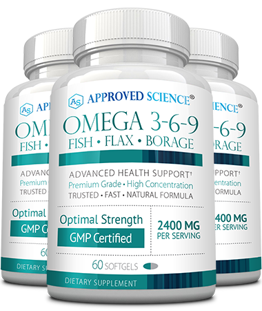 Approved Science Omega 3-6-9 3-in-1 fish, flax, and borage oil supplement bottles, 2400 mg per serving.