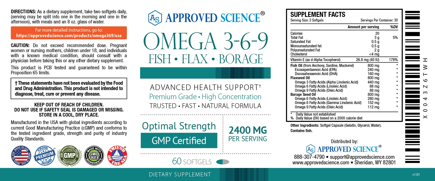Approved Science Omega 3-6-9 fish-flax-borage supplement label showing directions, ingredients, and health certifications.
