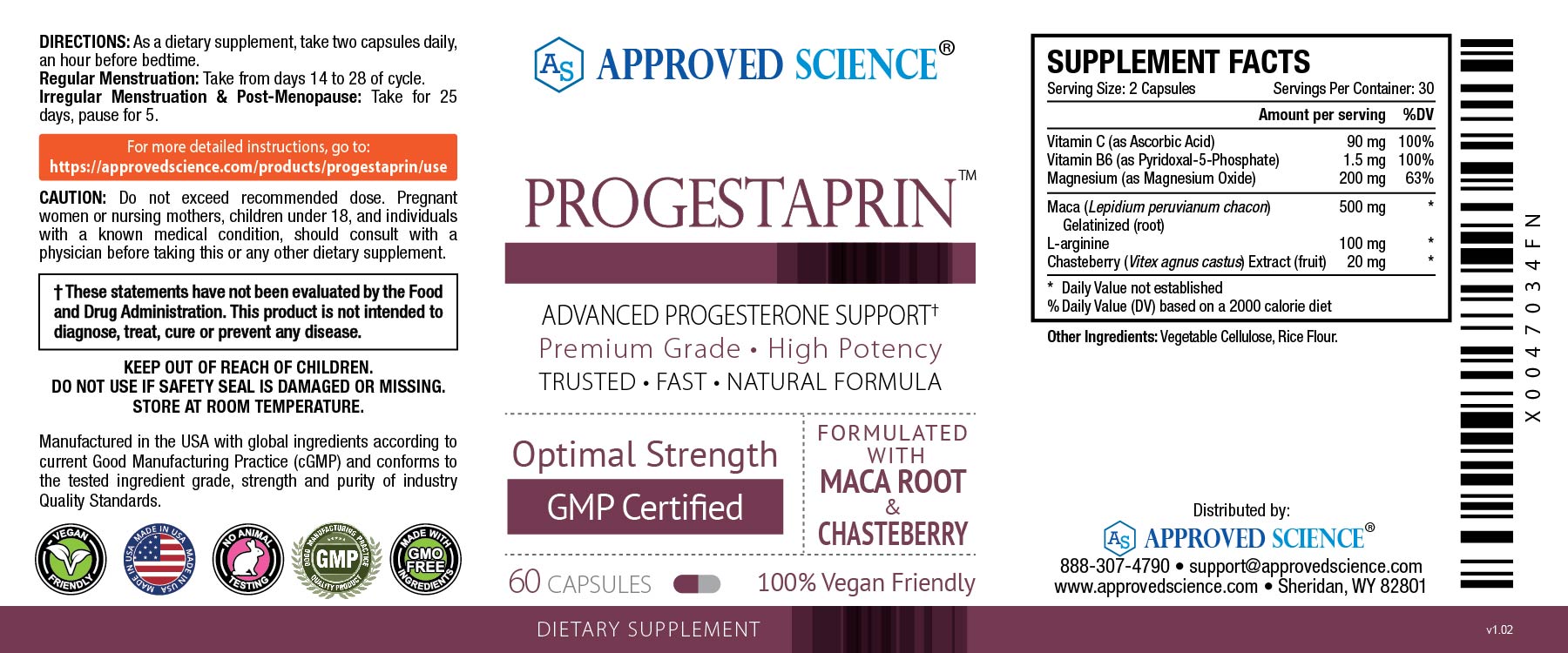 Progestaprin supplement label for advanced progesterone support, highlighting maca root, chasteberry, and GMP certification.