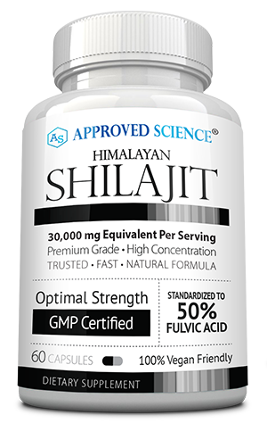 Approved Science pure Himalayan shilajit capsules, 50% fulvic acid, GMP certified, premium ultra-potent dietary supplement.