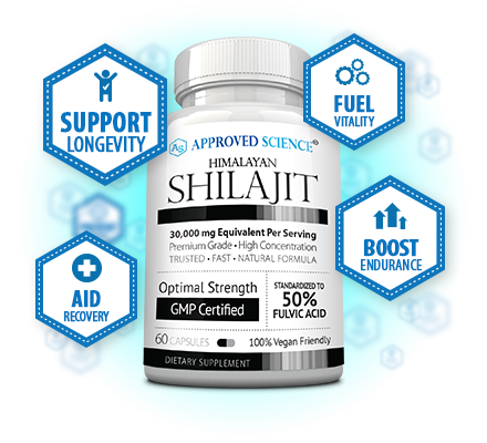 Approved Science Pure Himalayan Shilajit supplement labeled 50% fulvic acid, with benefits for longevity, vitality, recovery, and endurance.