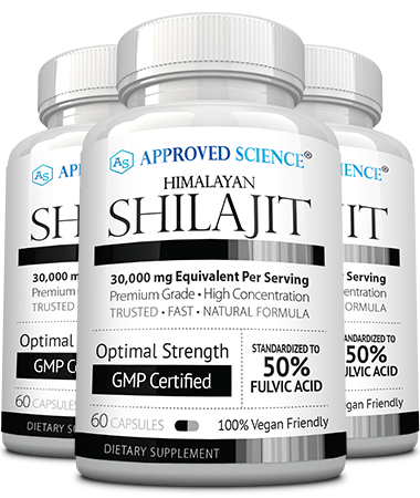 Bottles of ultra-potent pure Himalayan Shilajit capsules with 50% fulvic acid, GMP certified, vegan friendly.