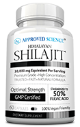 White bottle labeled pure Himalayan Shilajit, 50% fulvic acid.