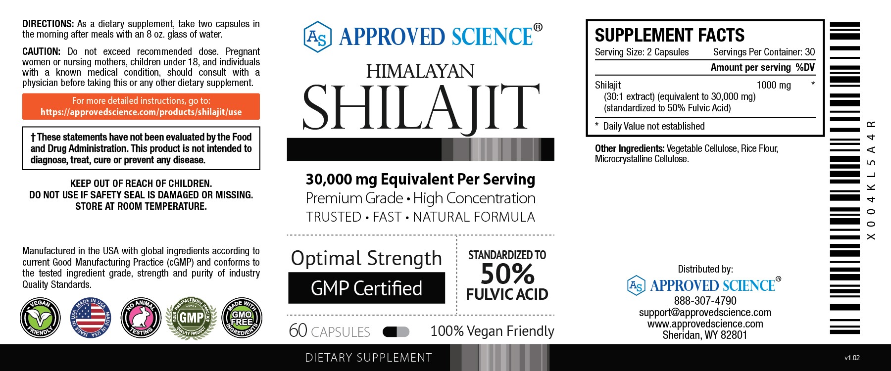 Approved Science Pure Himalayan Shilajit label, 50% fulvic acid, 30,000 mg per serving, GMP certified, vegan-friendly, 60 capsules.