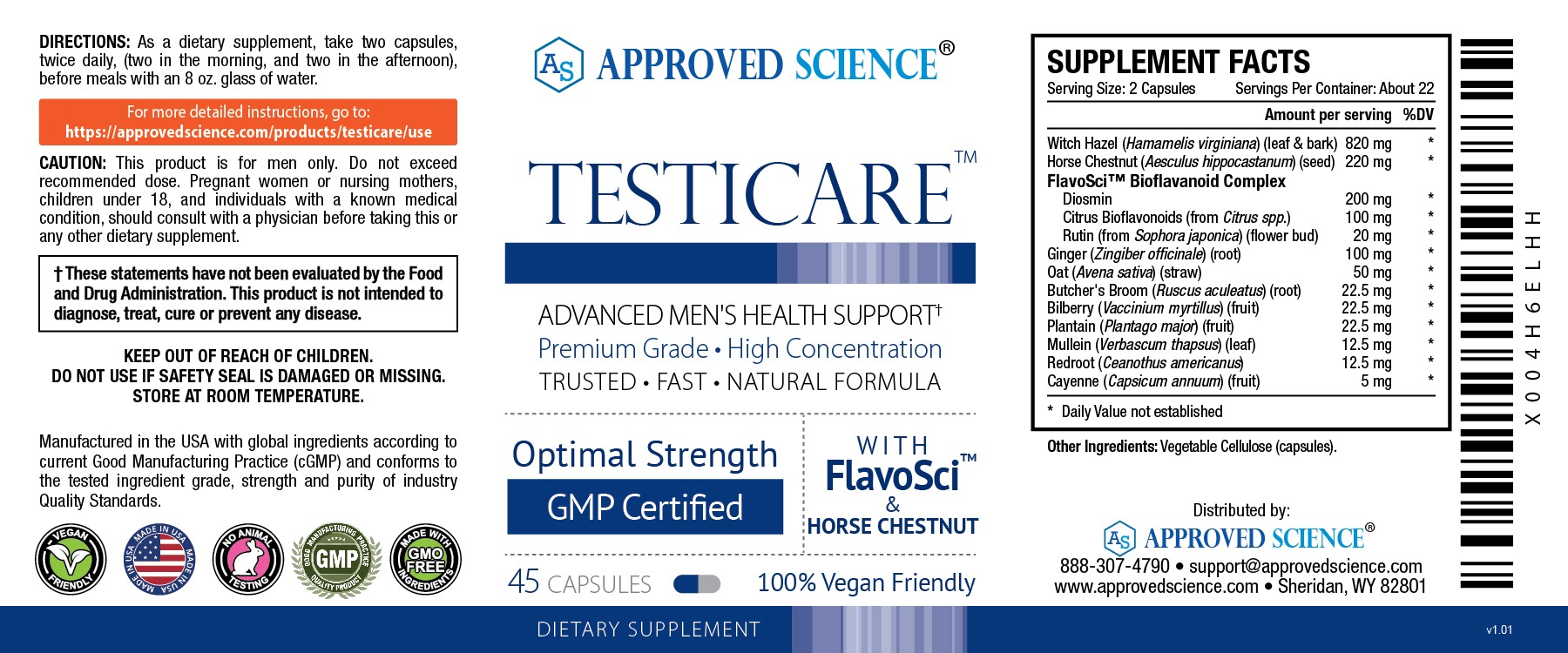 Testicare supplement label listing ingredients, dosage, and claims to support healthy vein function for testicular swelling relief.