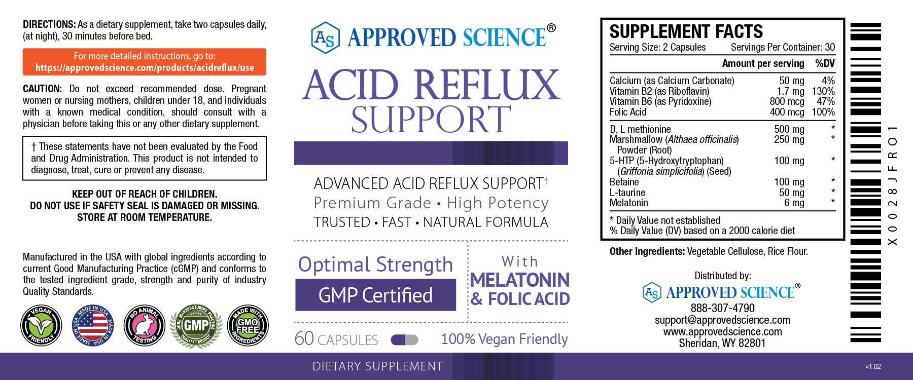 Approved Science Acid Reflux Support supplement label highlighting fast acid reflux relief, ingredients, and usage directions.