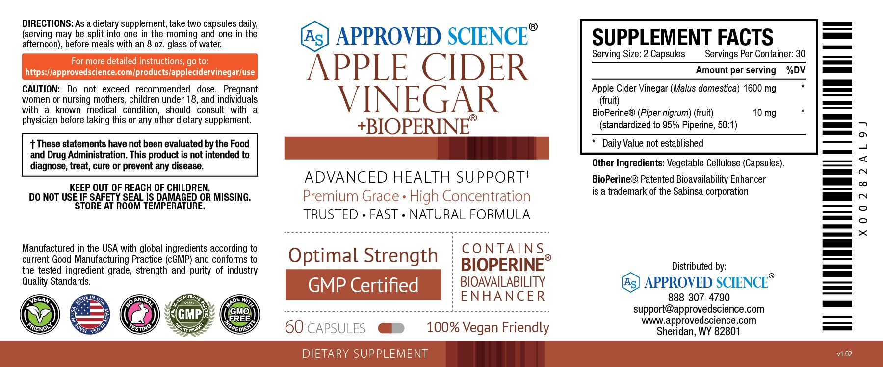 Approved Science Apple Cider Vinegar with BioPerine label highlighting advanced health support, optimal strength, and supplement facts.