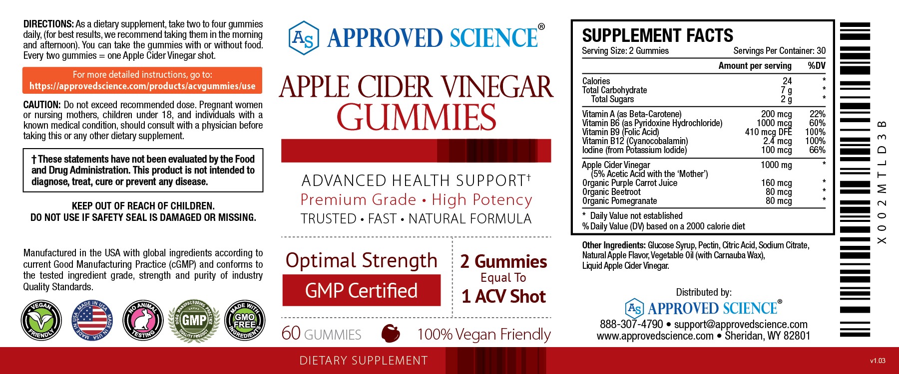 Approved Science Apple Cider Vinegar Gummies label highlighting gummies with the mother for optimal health benefits and supplement facts.