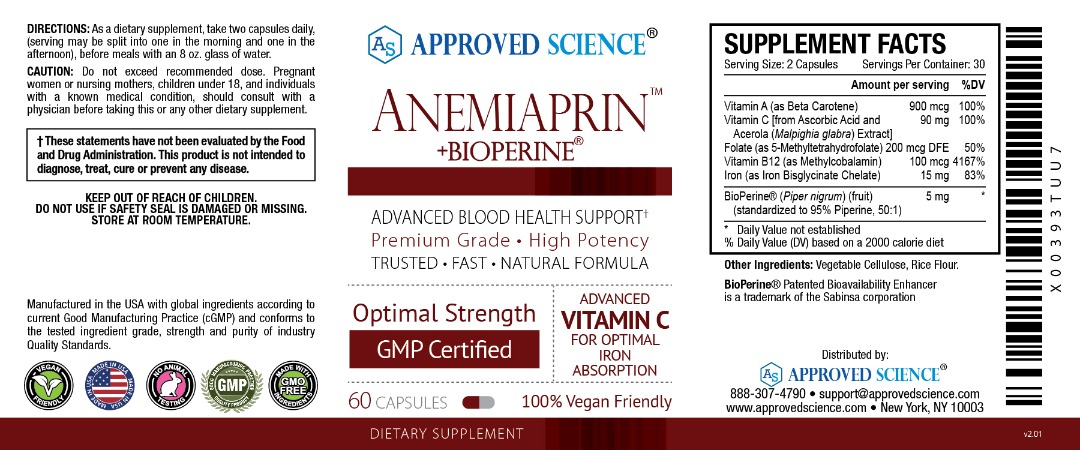 Approved Science Anemiaprin supplement label highlighting high-absorption iron, vitamin C, and blood health support for anemia.