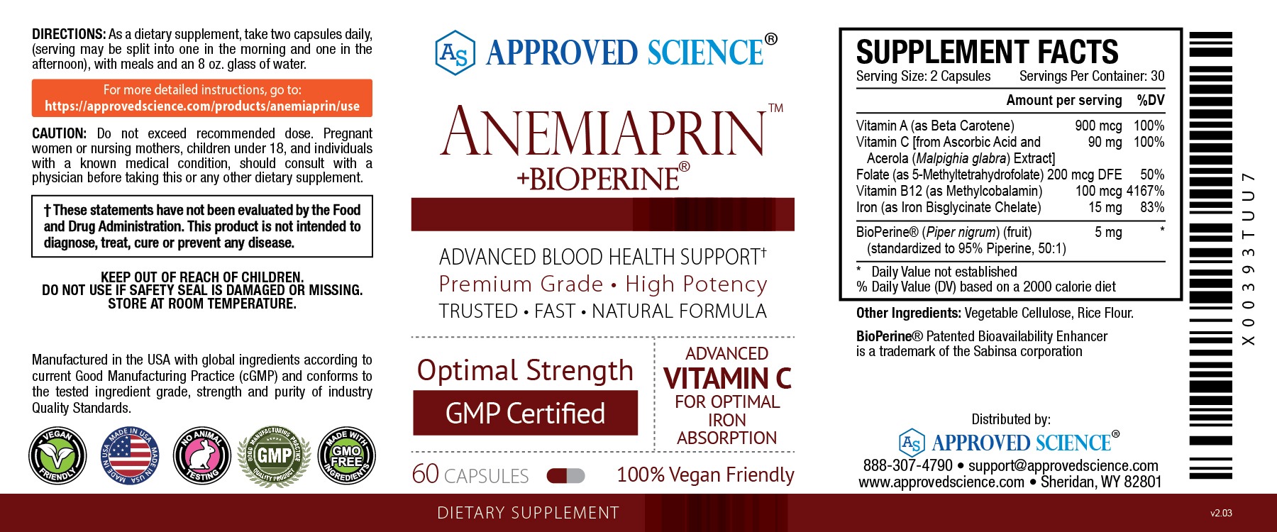 Approved Science Anemiaprin supplement label highlighting high-absorption iron, vitamin C, and blood health support for anemia.