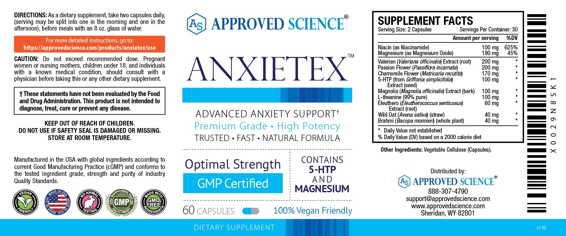 Anxietex supplement label with directions, ingredients, and premium calming support for rapid anxiety relief and stress reduction.