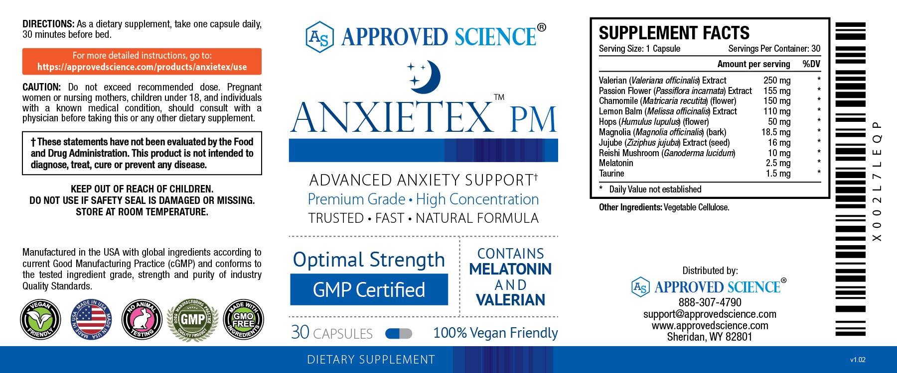 Anxietex PM supplement label showing directions, supplement facts, and ingredients for rapid anxiety and stress relief.