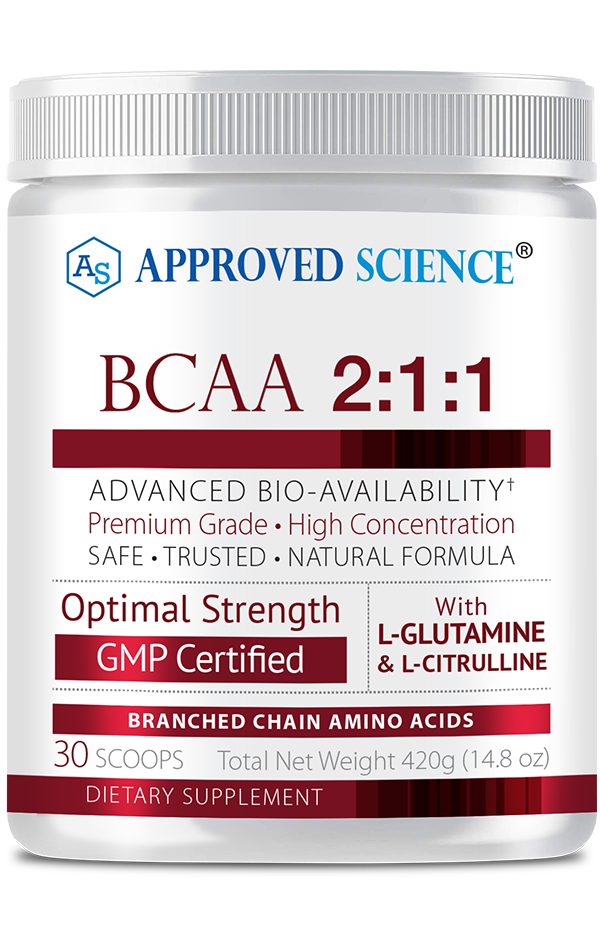Approved Science BCAA 2:1:1 dietary supplement with L-glutamine, L-citrulline, 30 scoops for enhanced workout performance.