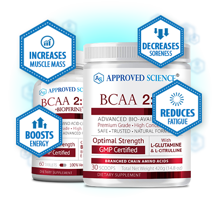 Approved Science BCAA 2:1:1 supplement with benefits to increase muscle mass, boost energy, reduce fatigue, and decrease soreness.