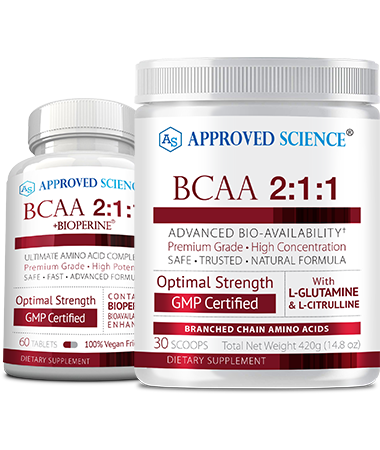Approved Science BCAA 2:1:1 supplements for optimal workout performance, featuring L-glutamine and L-citrulline.