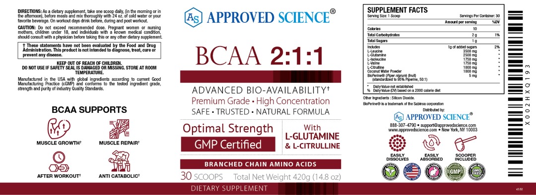 Approved Science BCAA 2:1:1 supplement label highlighting optimal strength, workout benefits, ingredients, usage directions, and certifications.