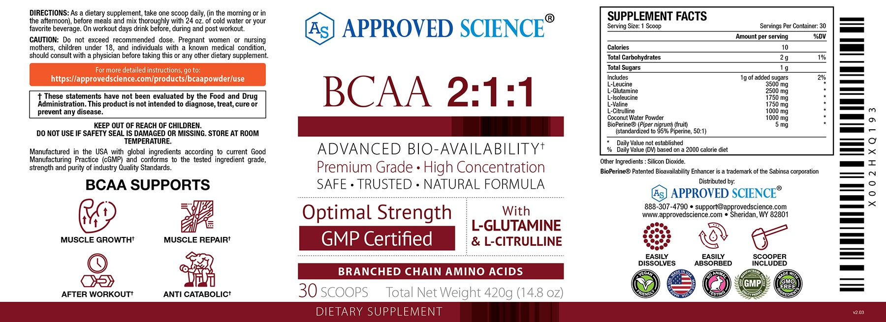 Approved Science BCAA 2:1:1 supplement label highlighting optimal strength, workout benefits, ingredients, usage directions, and certifications.