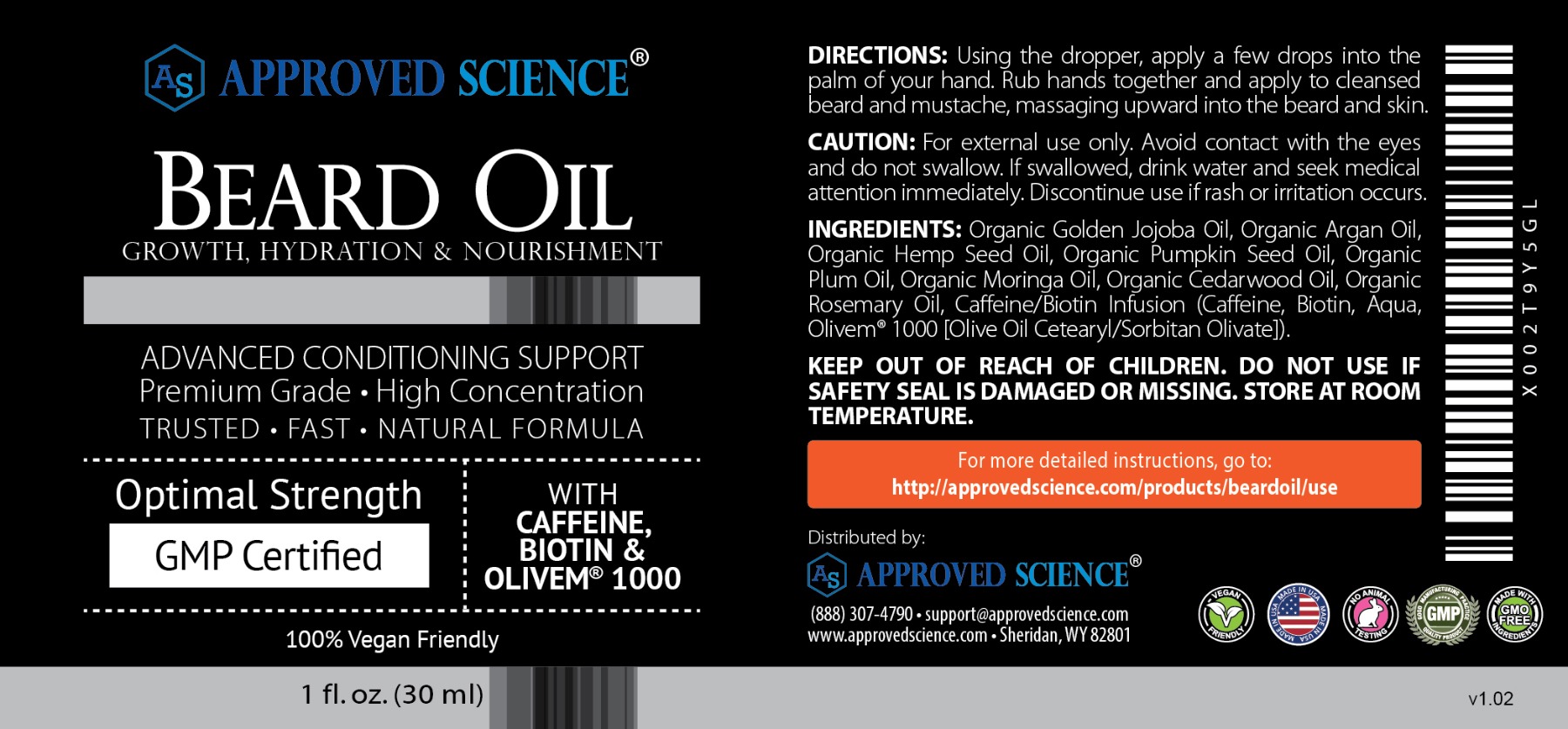 Approved Science beard oil label highlighting biotin, caffeine, Olivem 1000, vegan, GMP, and natural conditioning benefits.