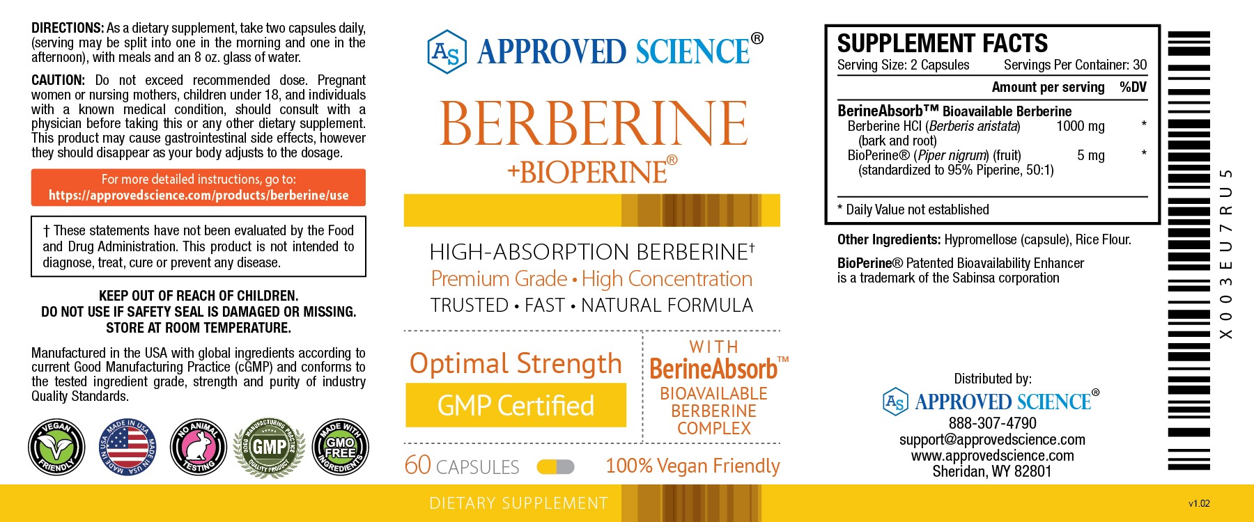 Approved Science Berberine + BioPerine label promotes high-absorption berberine HCL, vegan, non-GMO, GMP certified supplement facts.