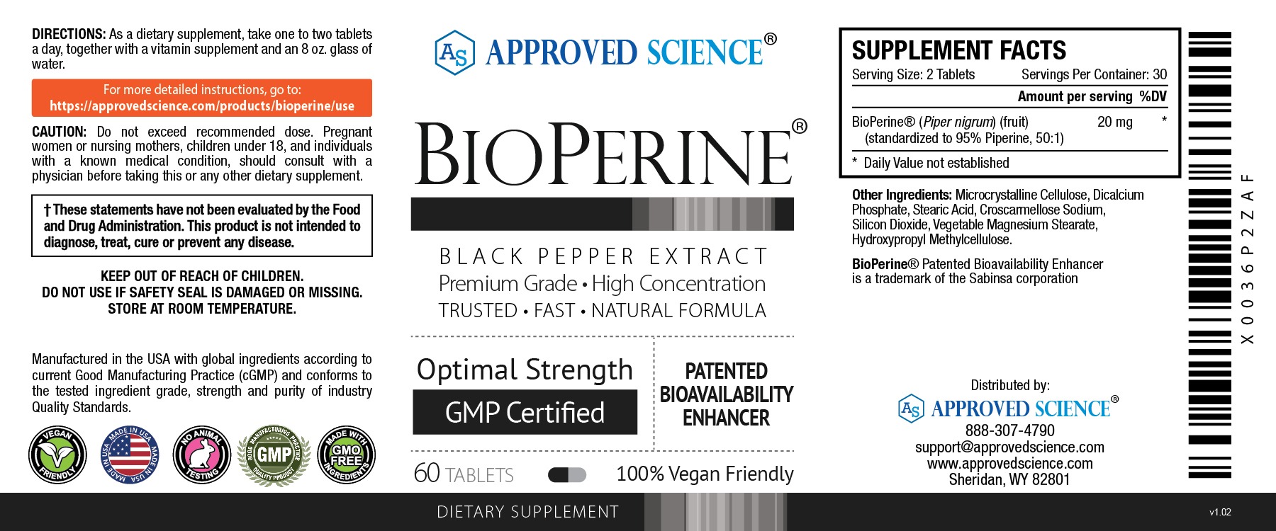BioPerine black pepper extract supplement label with dosage instructions, supplement facts, benefits, and GMP certifications.