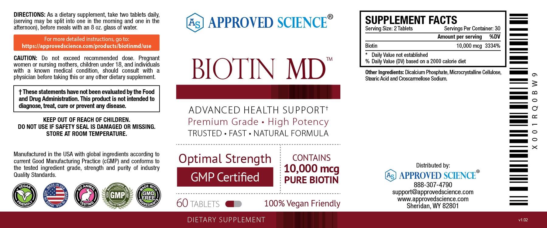 Approved Science Biotin MD supplement label showing 10,000 mcg pure biotin, optimal strength, GMP certified, vegan friendly.