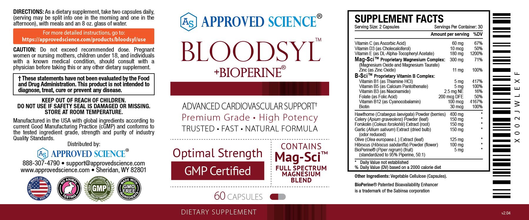 Bloodsyl supplement label detailing directions, supplement facts, ingredients, and cardiovascular support claims for hypertension.