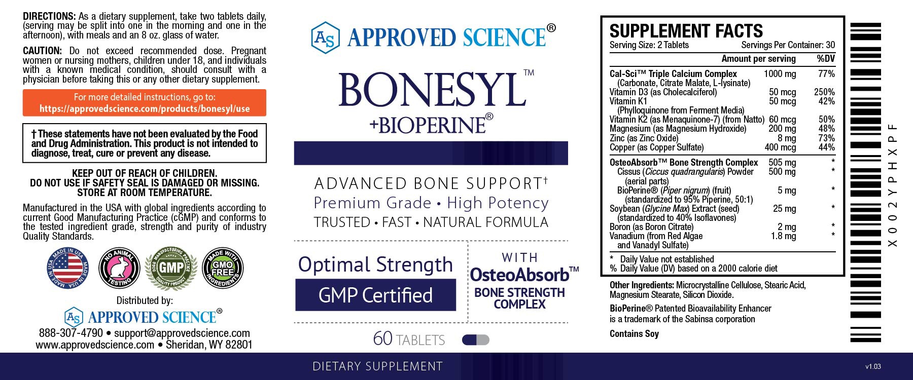 Approved Science Bonesyl advanced bone support supplement label showing ingredients, supplement facts, directions, and key certifications.