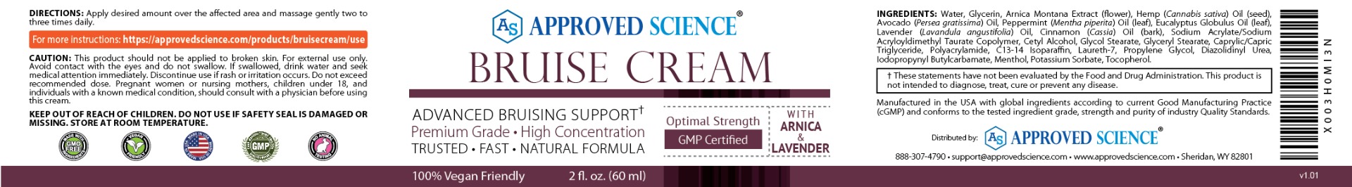 Approved Science Bruise Cream label highlighting 10% arnica extract, lavender, optimal strength, vegan friendly, GMP certified.