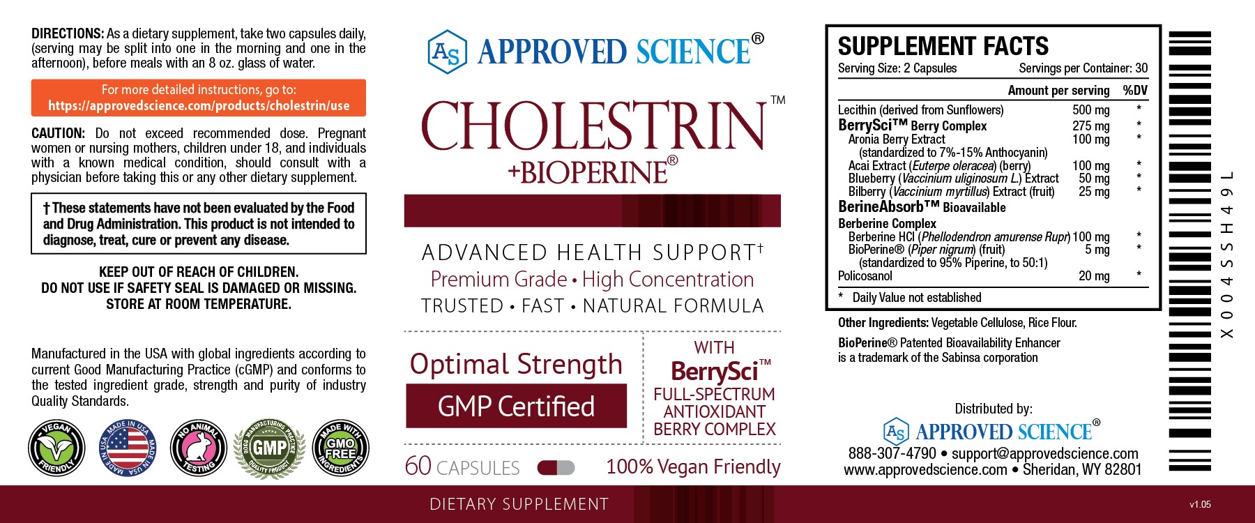 Cholestrin + BioPerine supplement label for advanced cardiovascular and cholesterol support, featuring supplement facts and usage directions.
