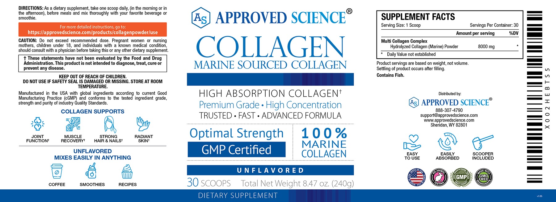 Approved Science hydrolyzed marine collagen powder label highlights joint, hair, skin, nail, and muscle recovery benefits.