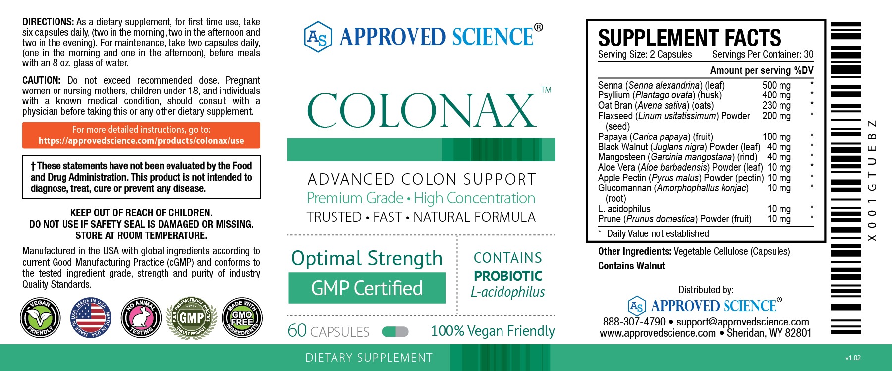 Colonax supplement label featuring ingredients, usage directions, probiotic content, and claims for optimal intestinal health.