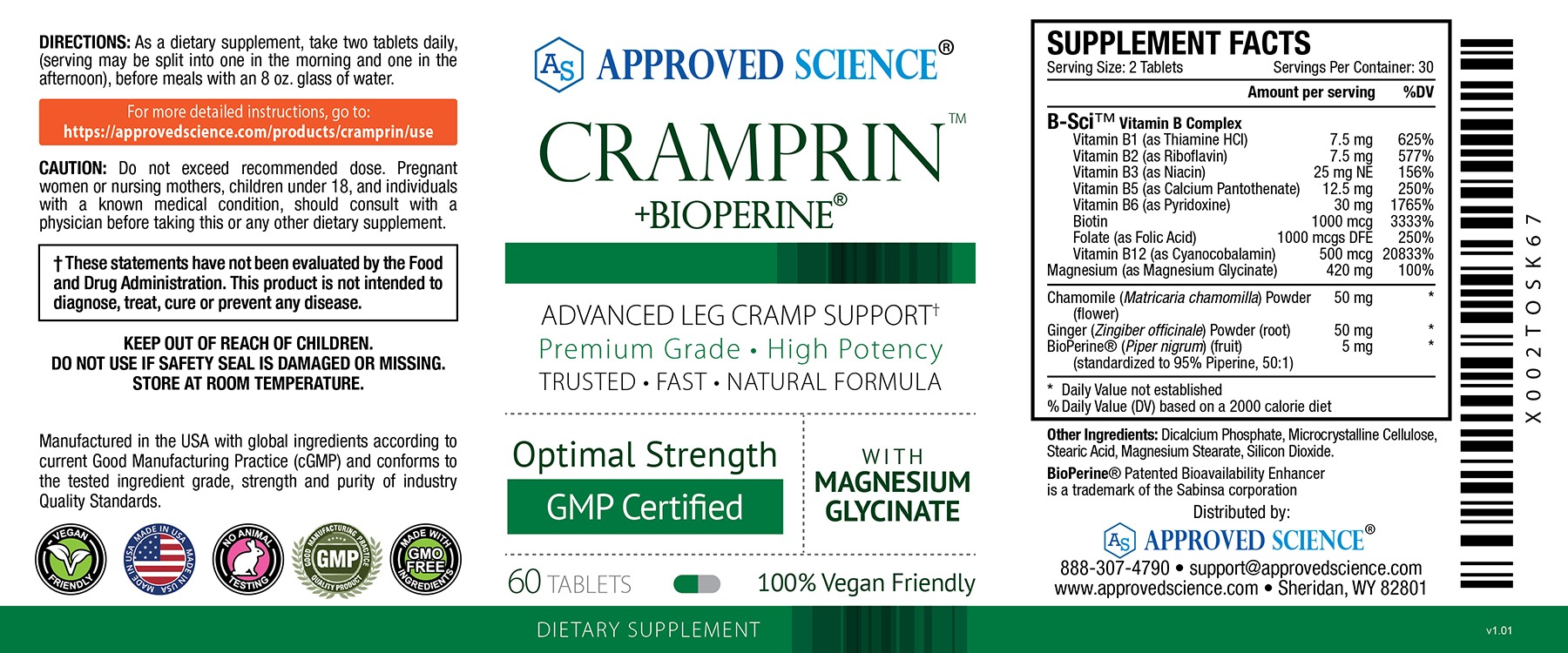 Approved Science Crampirn + BioPerine supplement label for advanced leg cramp support with magnesium glycinate.