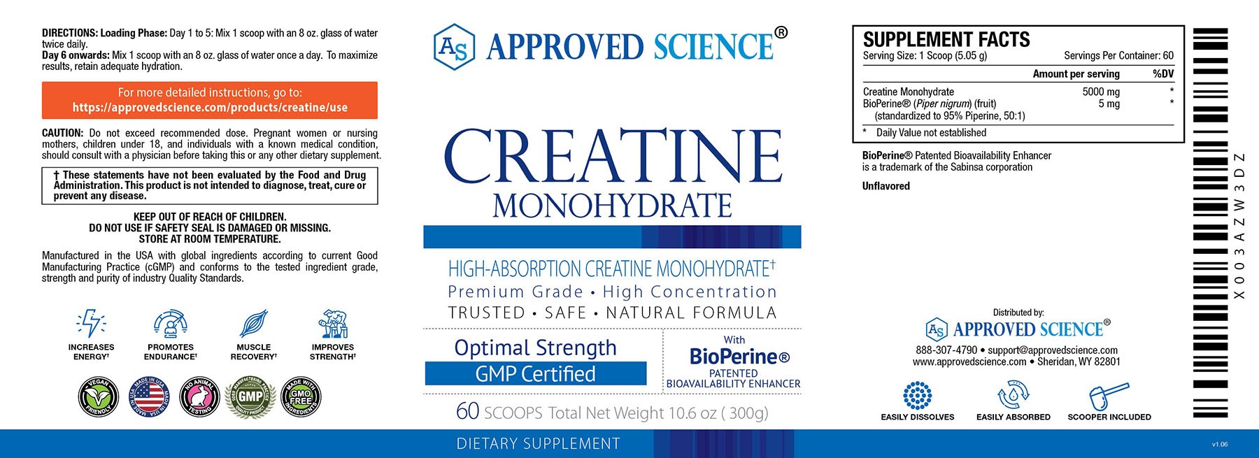 Approved Science Creatine Monohydrate label highlighting muscle recovery, energy, endurance, strength, GMP and vegan friendly.