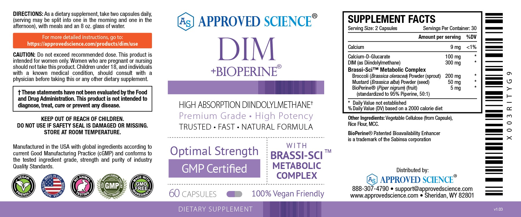 Approved Science DIM + BioPerine supplement label detailing ingredients for advanced hormonal support and estrogen metabolism.