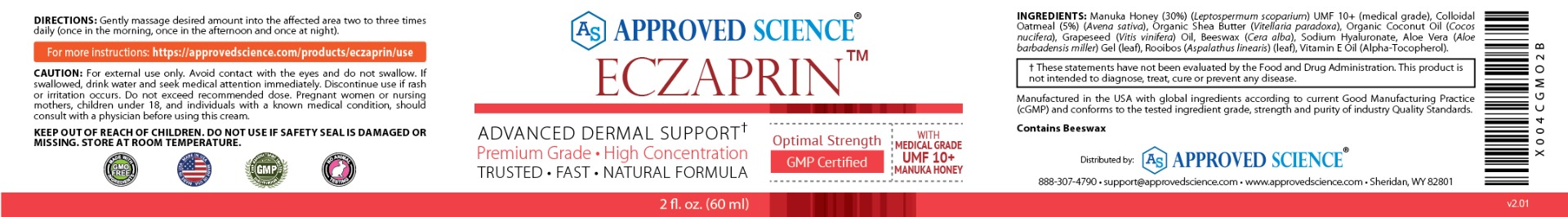 Approved Science Eczaprin label showing directions, ingredients, and features for medical-grade manuka honey balm eczema relief.