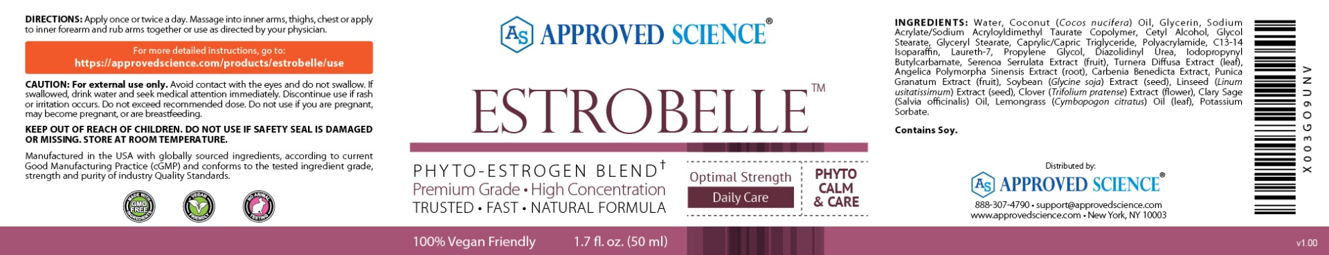 Estrobelle plant-based estrogen support label, highlighting optimal hormonal balance, premium vegan formula, and directions.