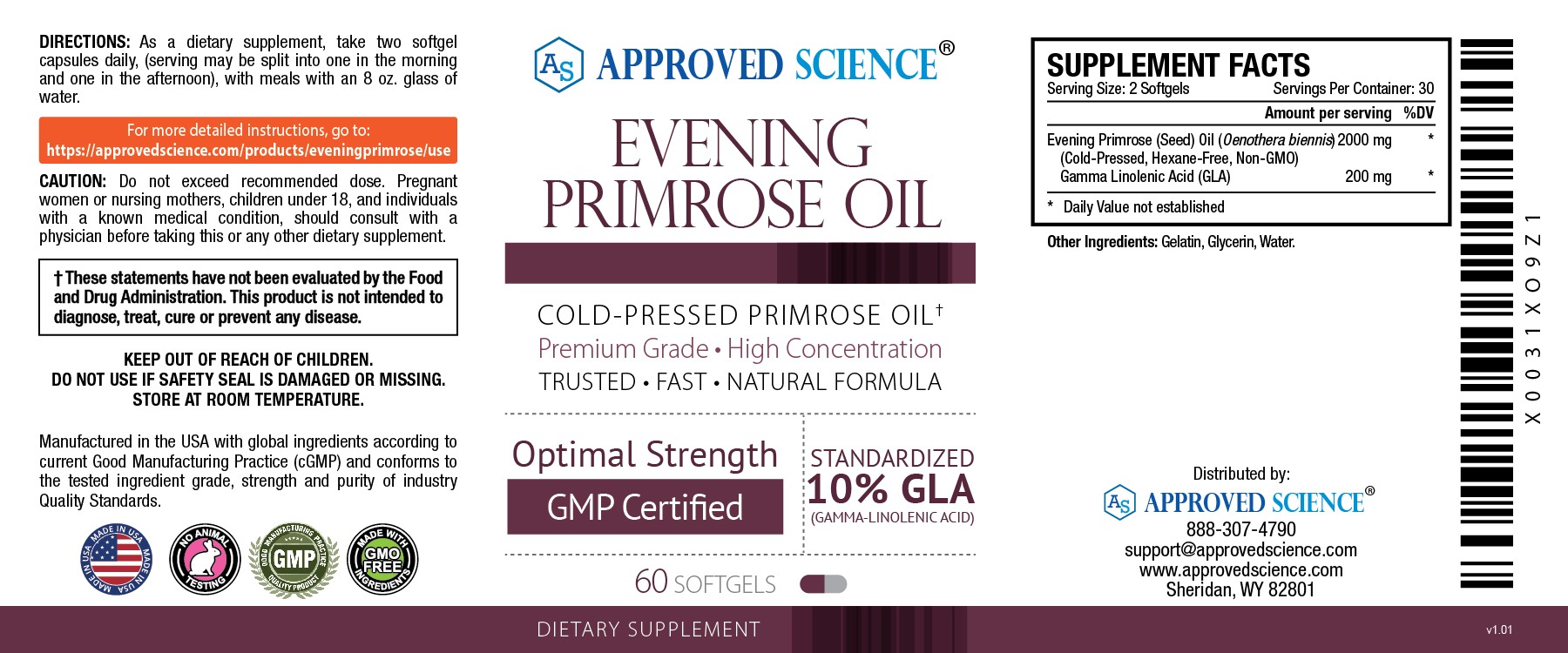 Approved Science Evening Primrose Oil label with directions, supplement facts, GMP certified, 10% GLA, cold-pressed formula.