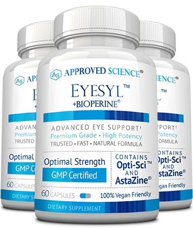 Bottles of Approved Science Eyesyl capsules for advanced vitamin and antioxidant support for optimal eye care.