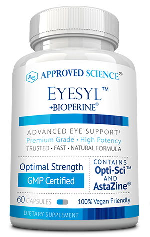 Approved Science Eyesyl with BioPerine advanced eye support supplement bottle promoting optimal eye health and antioxidant support.