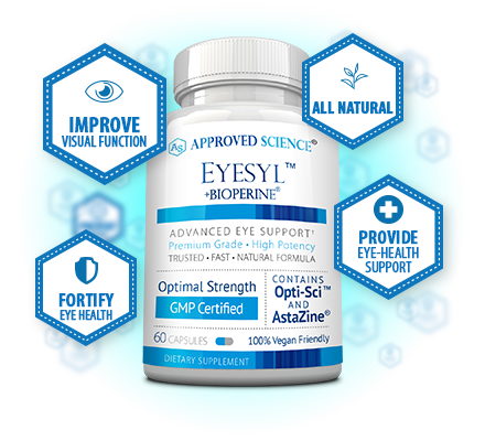 Eyesyl bottle promoting advanced vitamin and antioxidant support for improved visual function and optimal eye health.