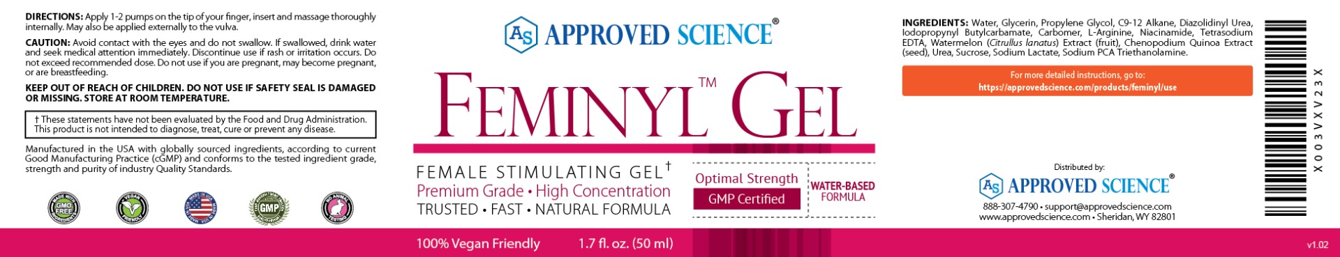 FeminyL Gel label for female libido booster, highlighting optimal strength, natural ingredients, vegan-friendly, GMP certified.