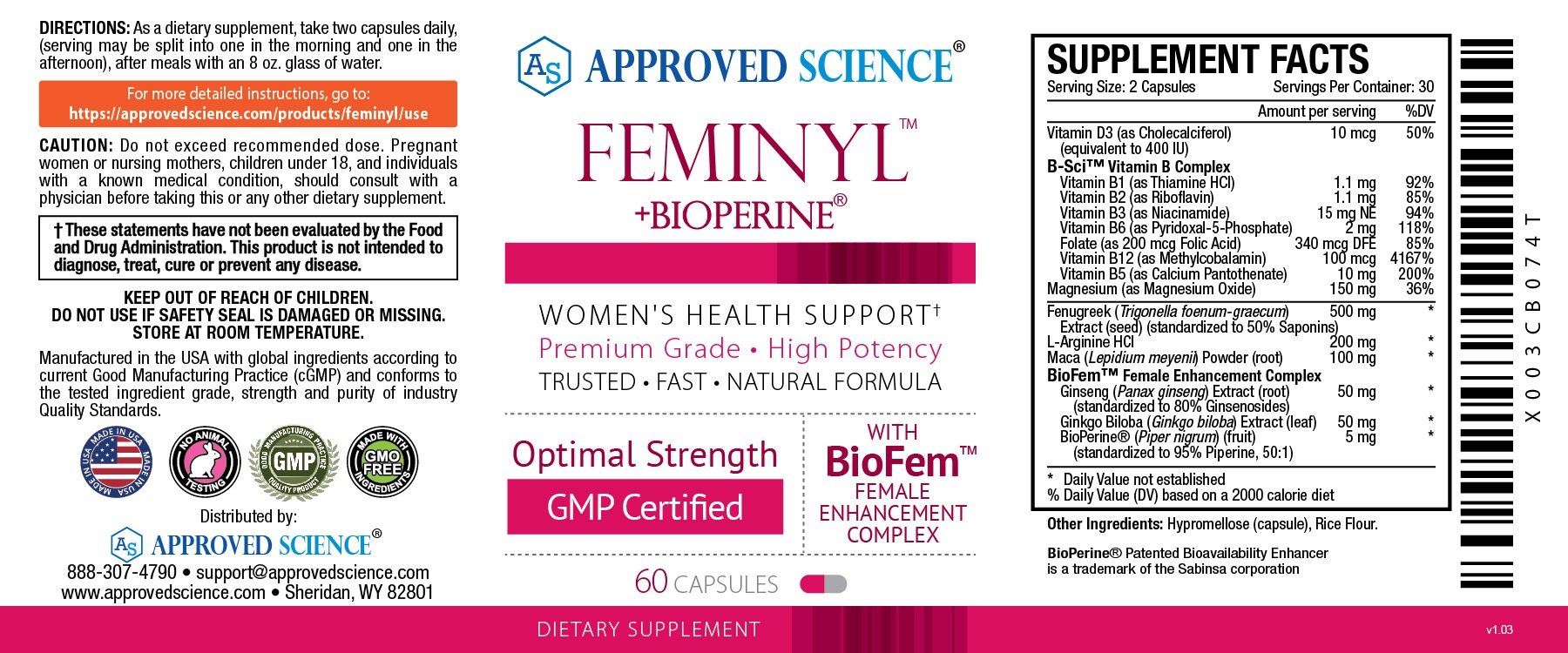 FEMINYL women’s libido booster label detailing supplement facts, usage directions, and key ingredients for sexual vitality.