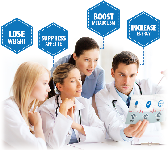 Doctors reviewing weight loss data, with benefits of forskolin—lose fat, suppress appetite, boost metabolism, increase energy.