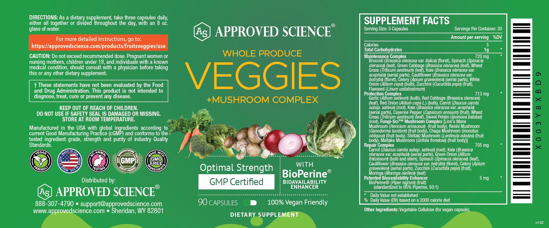 Whole produce veggie and mushroom complex supplement label highlighting premium fruit and vegetable superfoods for wellness.