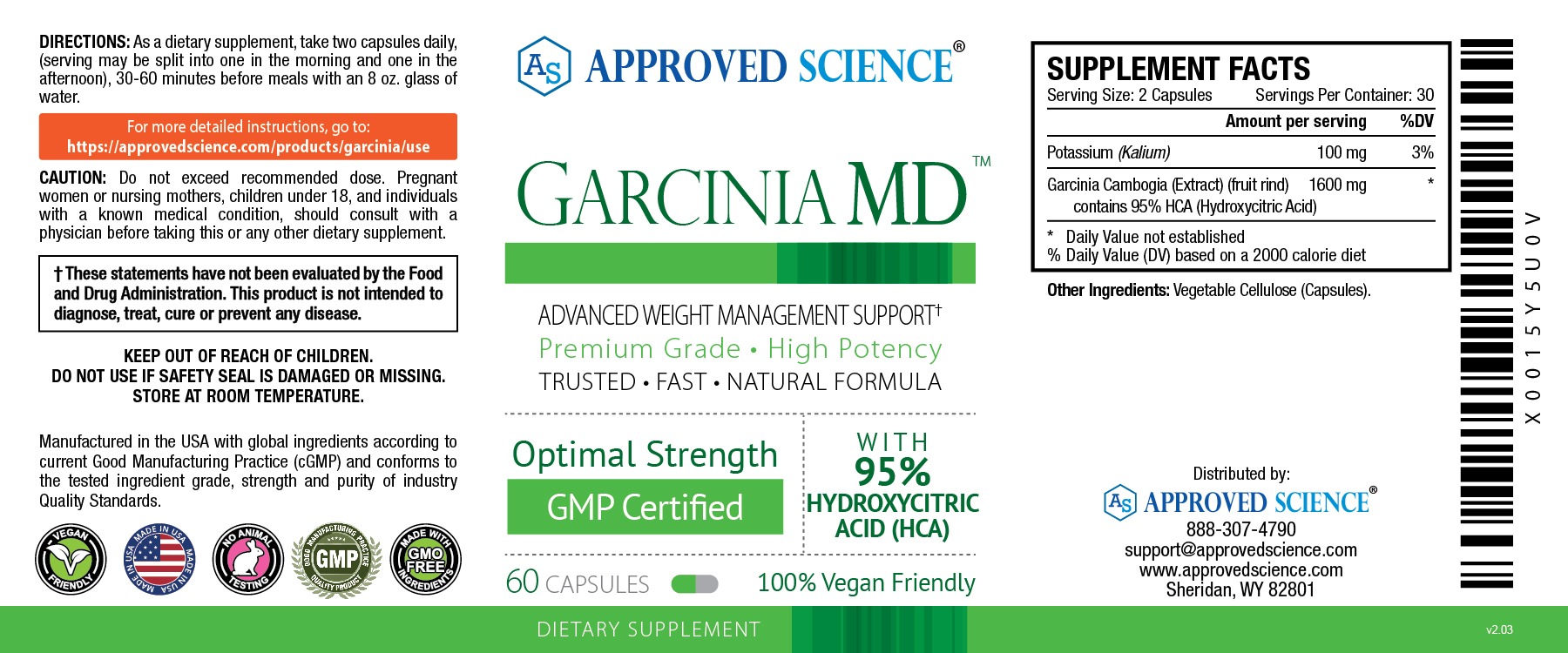 Approved Science Garcinia MD label, highlights 95% HCA for optimal weight loss, GMP certified, 60 vegan capsules.